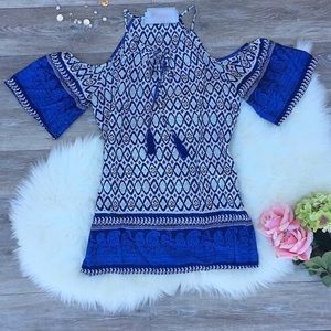Ikat blue ladies cold shoulder dress